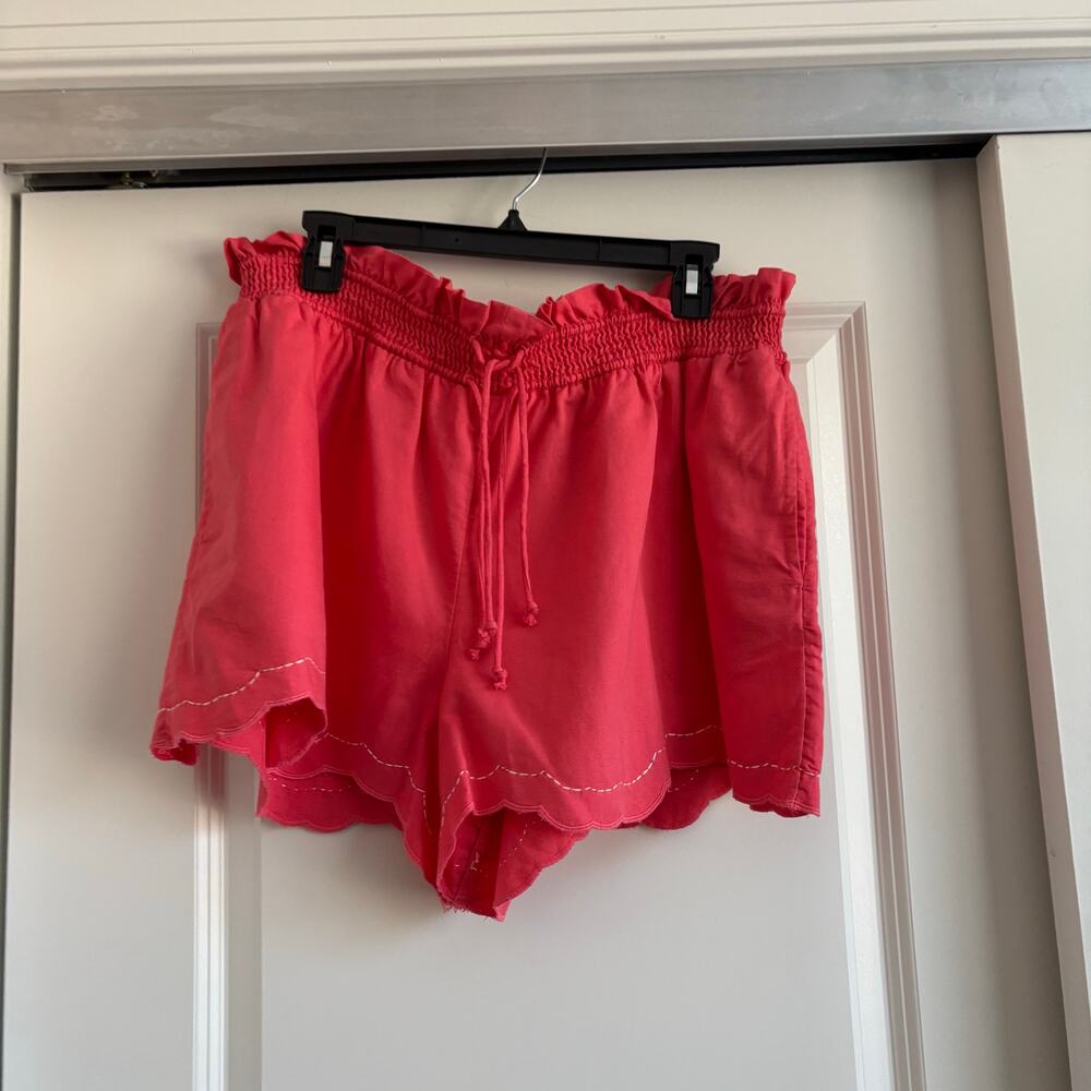 By Anthropologie Linen Double Waistband Shorts Sz M Beachy Resort Pink Scalloped